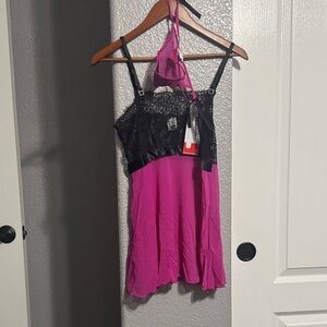 Elegant Black and Pink Lace Nightgown